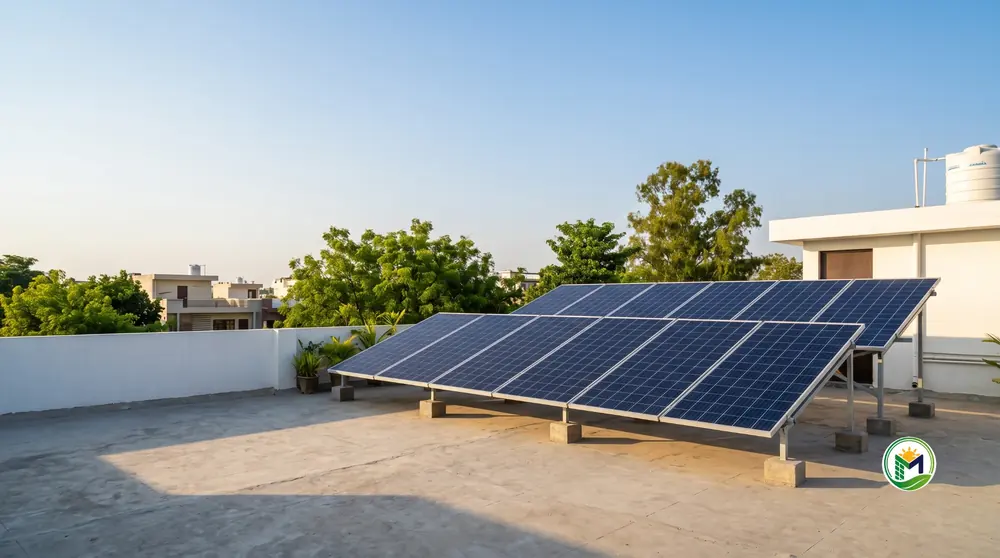 Solar panels on a raised steel frame on the flat roof of a house