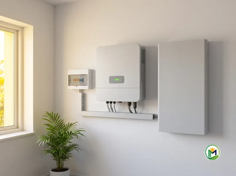 Hybrid solar inverter and battery mounted on a wall