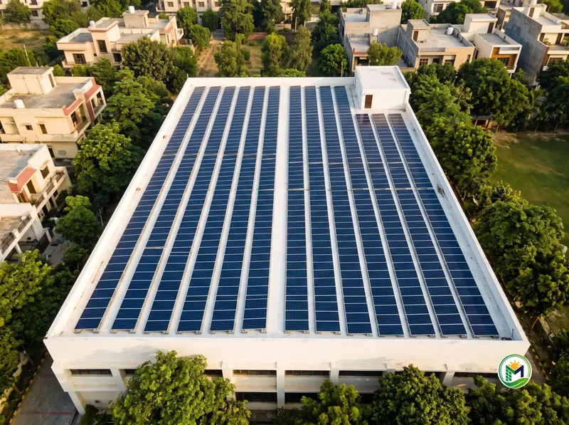 Solar installation on the roof of a school building, seen from above