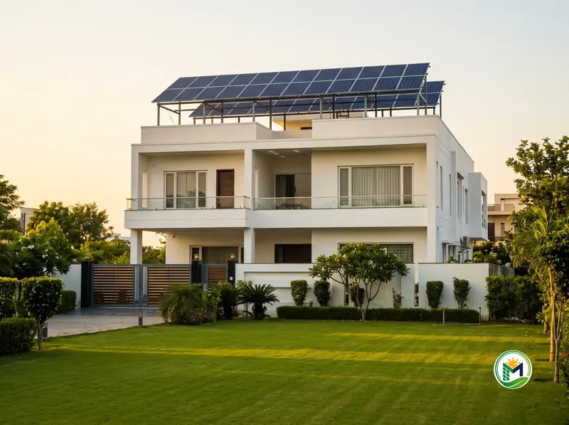 Large house with solar panels on a raised roof structure