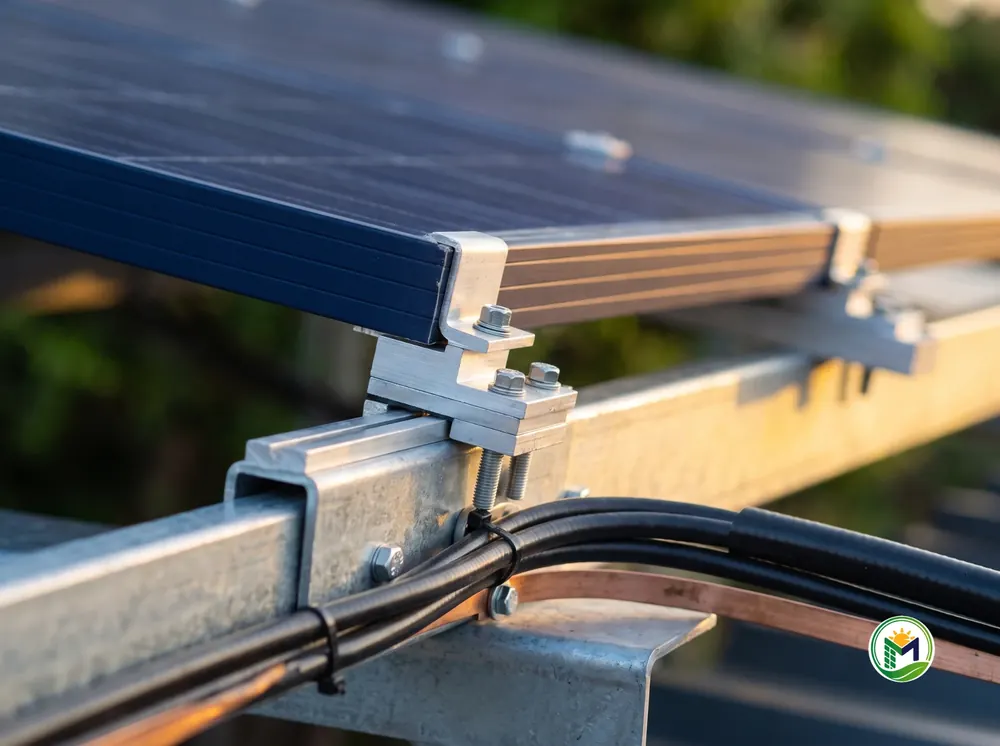 Solar panel clamped to a galvanised steel structure, with tied cables and a copper earthing strip