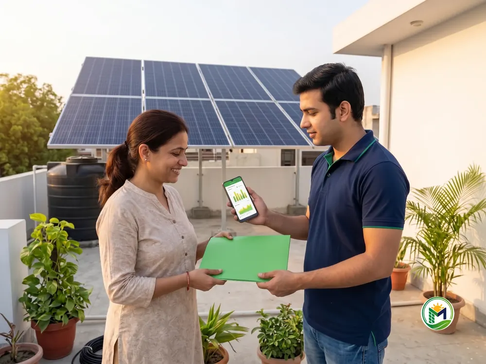 Engineer handing a document folder to a house owner and showing her the solar monitoring app on a phone