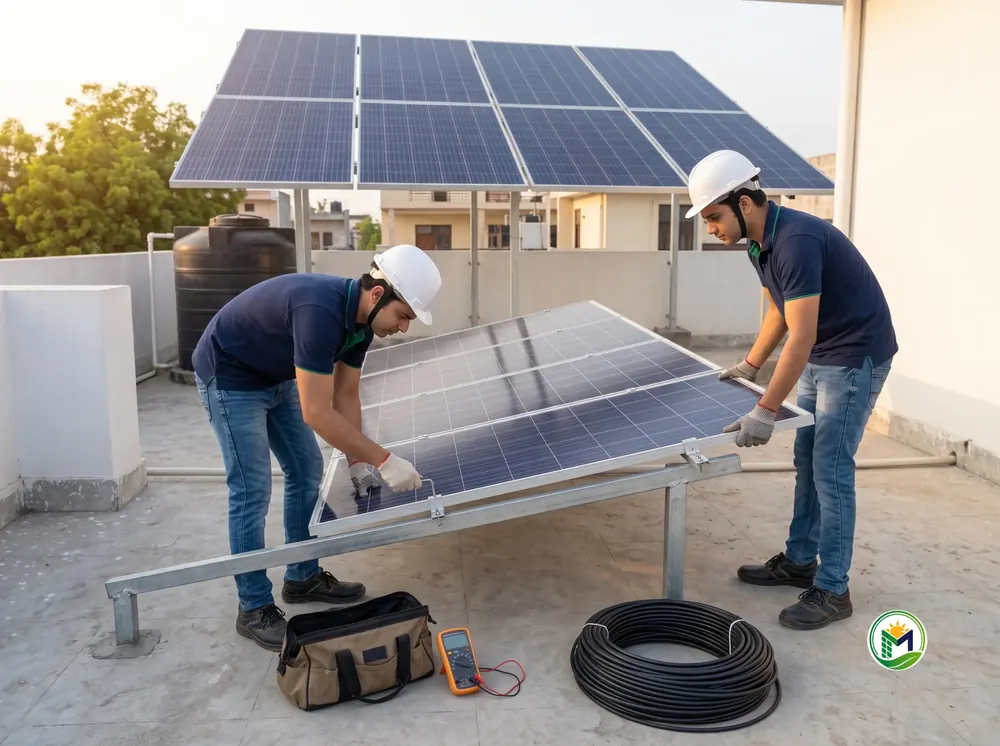 Two technicians in helmets fixing a solar panel onto steel mounting rails on a flat roof