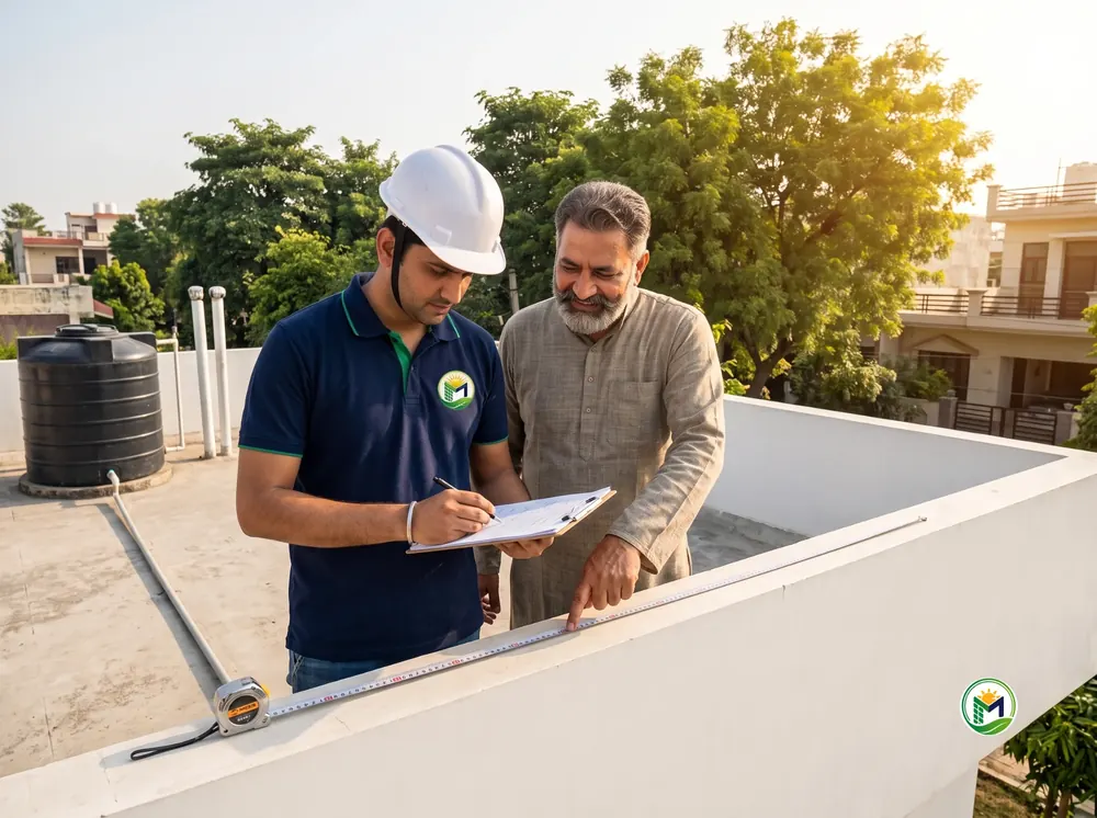 Engineer noting roof measurements on a clipboard while the house owner points along the parapet